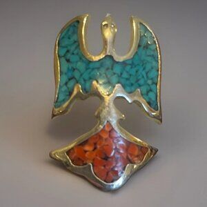 Silver Tone Phoenix Thunderbird Turquoise Coral Inlay Size 7.25 Costume Ring